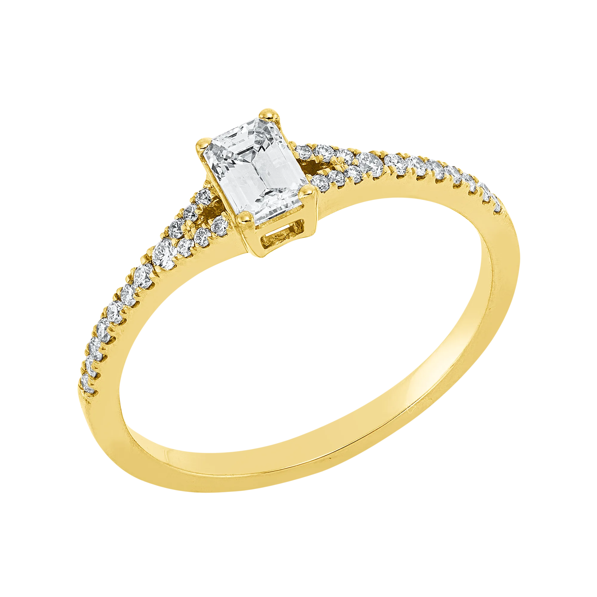 Solitärring 4er-Krappe Gelbgold 750 · Smaragdschliff 0,30 ct mit Besatz, GIA-zertifiziert