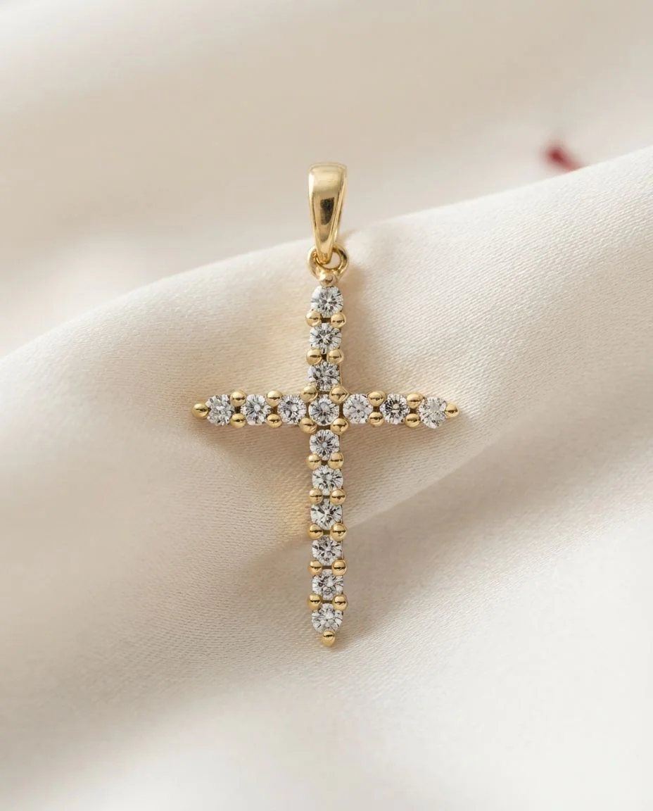Anhänger 18 Karat Gelbgold Kreuz, mit Öse · drapiert