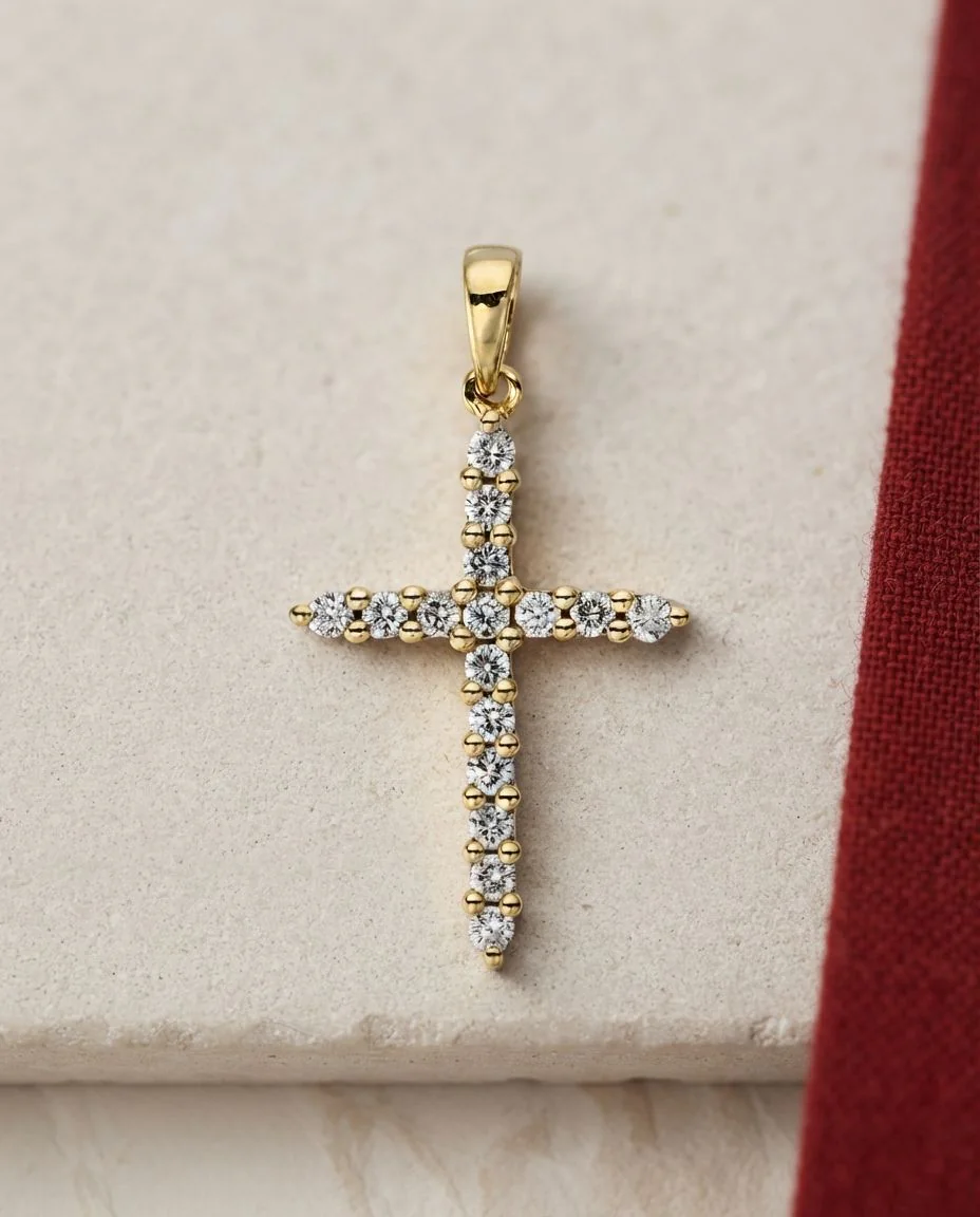 Anhänger 18 Karat Gelbgold Kreuz, mit Öse · drapiert