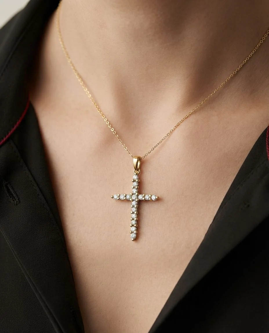 Anhänger 18 Karat Gelbgold Kreuz, mit Öse · getragen