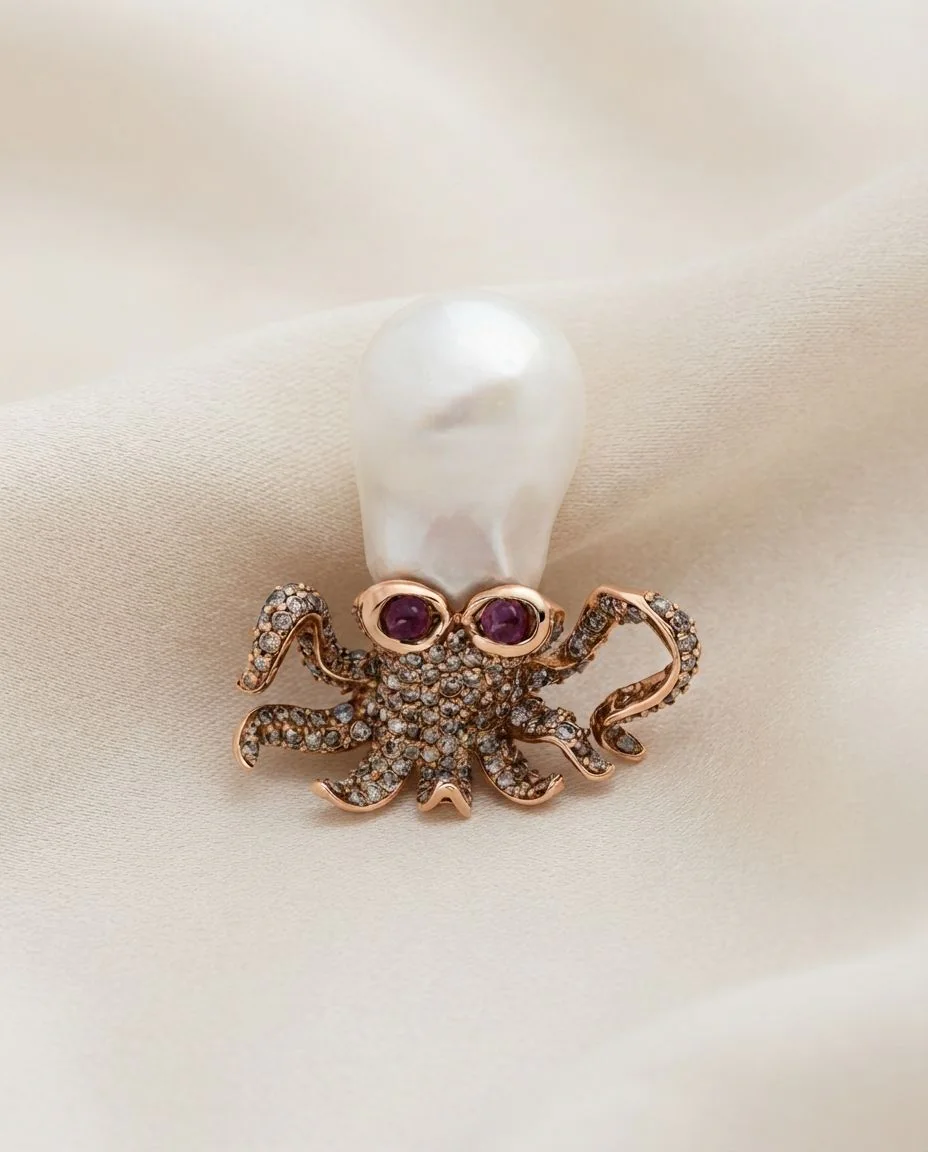 Anhänger 18 Karat Roségold Oktopus, Fassung teils schwarz rhodinie · drapiert