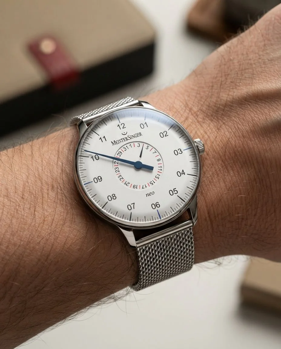 Neo Plus Pointer Date Opaline silver · getragen