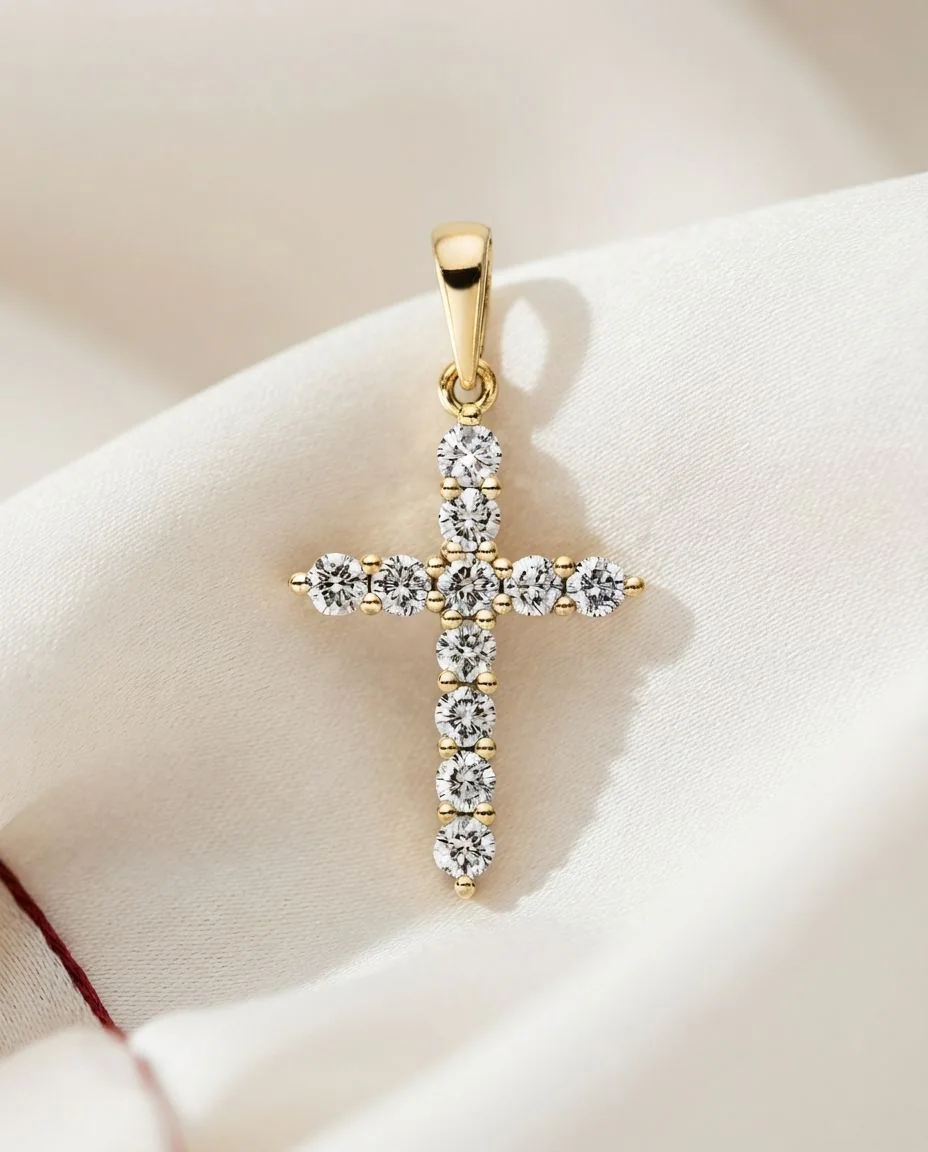 Anhänger 18 Karat Gelbgold Kreuz, mit Öse · drapiert