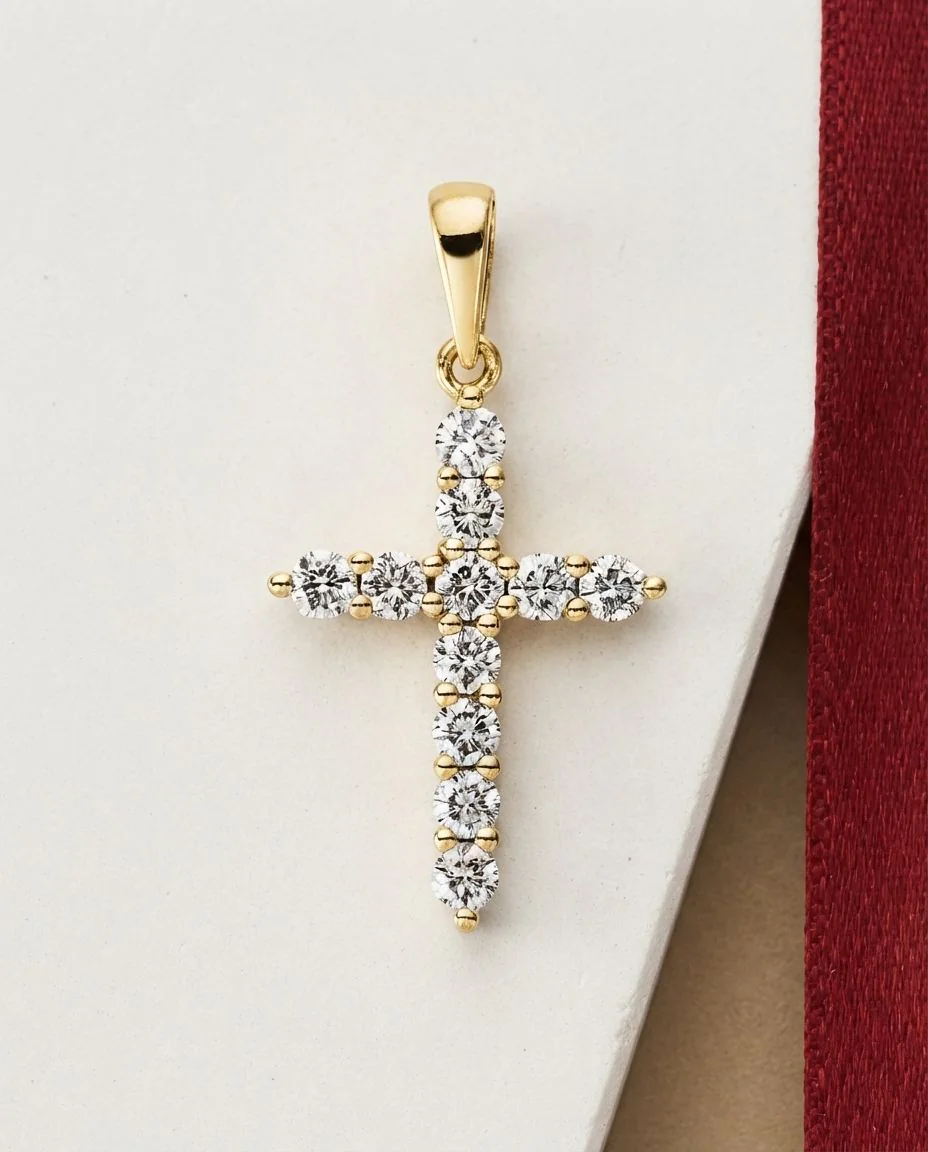 Anhänger 18 Karat Gelbgold Kreuz, mit Öse · drapiert