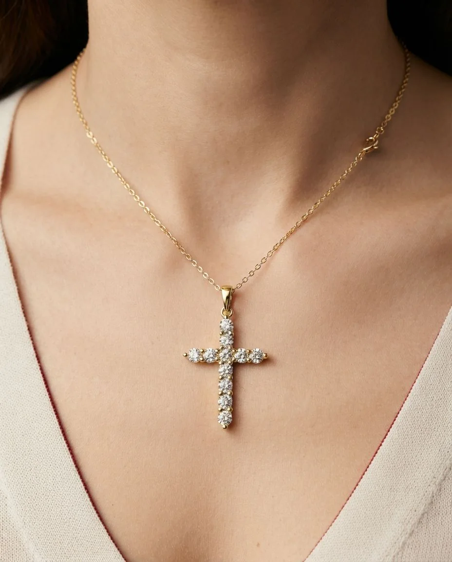 Anhänger 18 Karat Gelbgold Kreuz, mit Öse · getragen