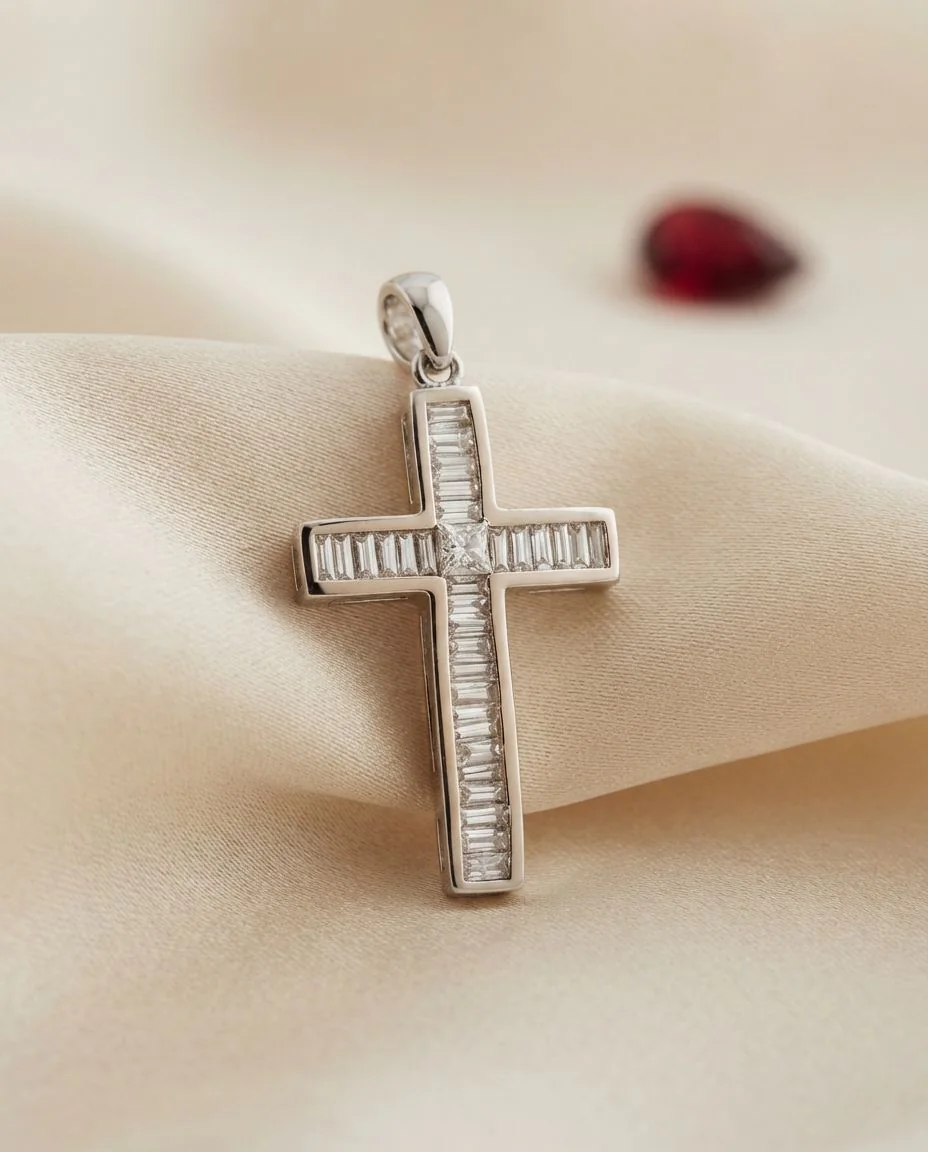 Anhänger 18 Karat Weißgold Kreuz, mit Öse · drapiert