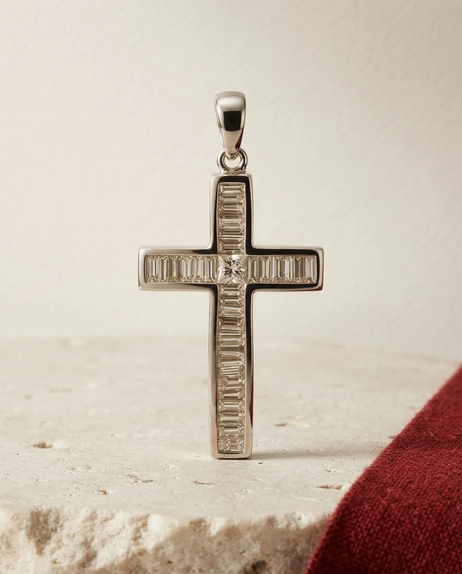 Anhänger 18 Karat Weißgold Kreuz, mit Öse · drapiert