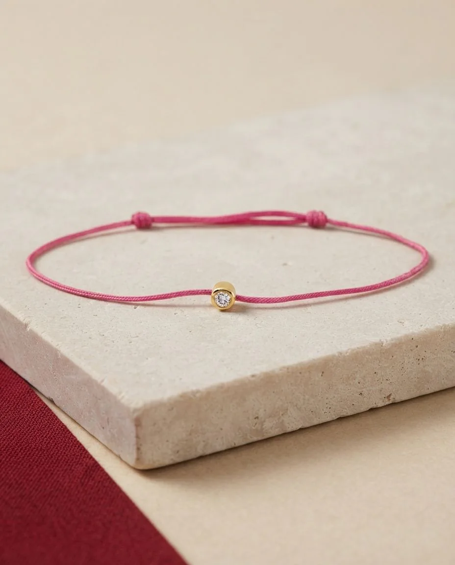 Armband 18 Karat Gelbgold, pink cord 15,5-19,5cm · drapiert