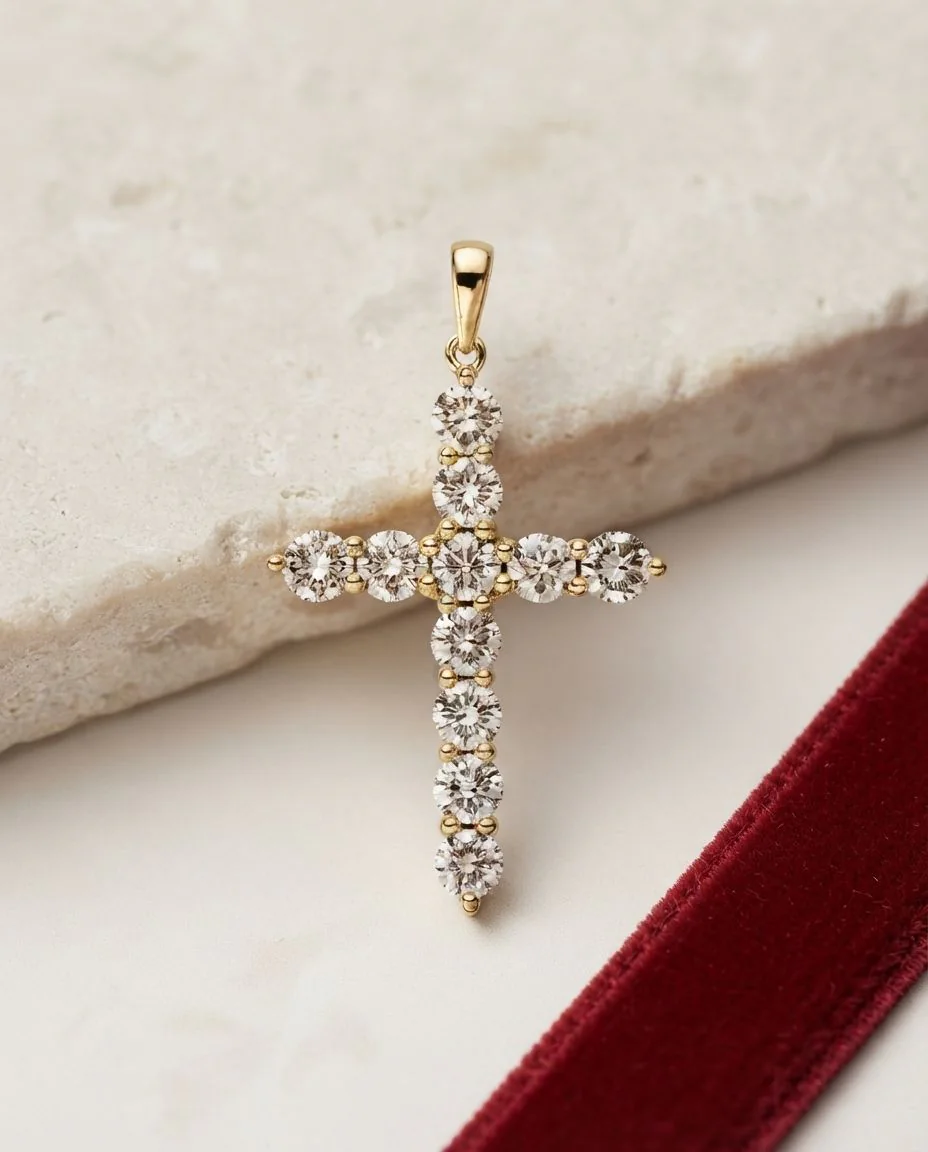 Anhänger 18 Karat Gelbgold Kreuz, mit Öse · drapiert