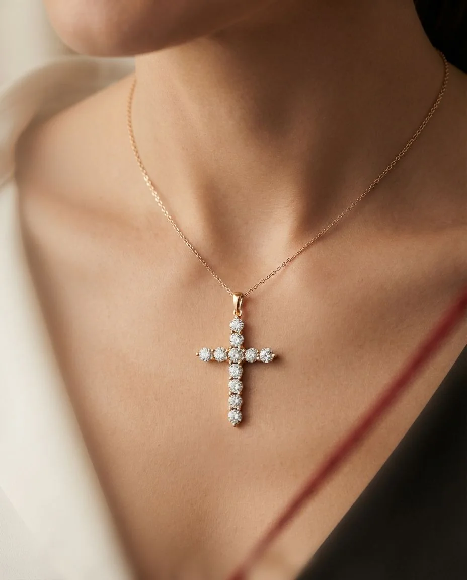 Anhänger 18 Karat Gelbgold Kreuz, mit Öse · getragen
