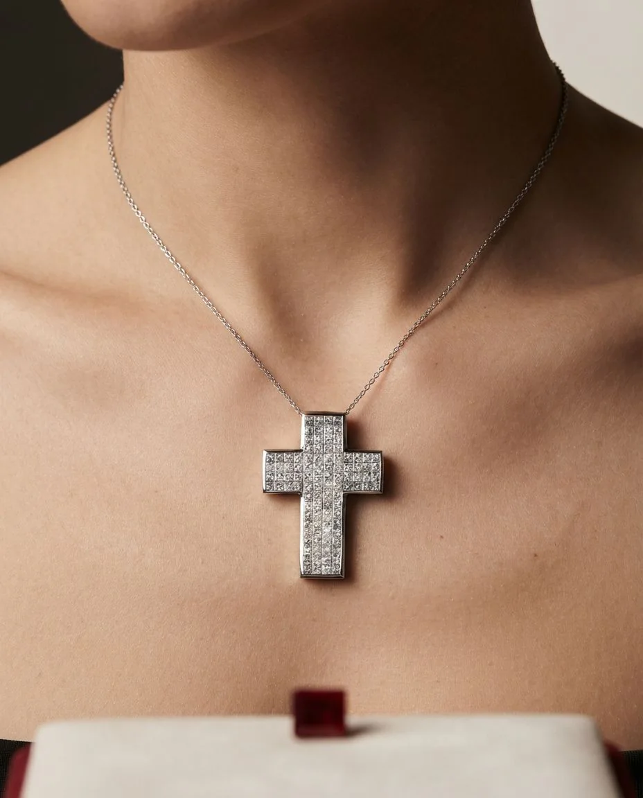 Anhänger 18 Karat Weißgold Kreuz · getragen