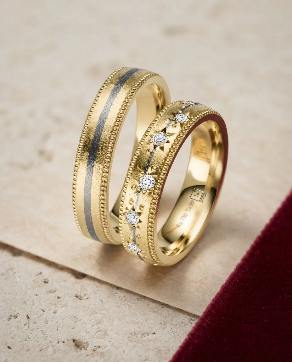 Eheringe Gold mit Tantal Sternenfassung TA91 & TA92 · drapiert