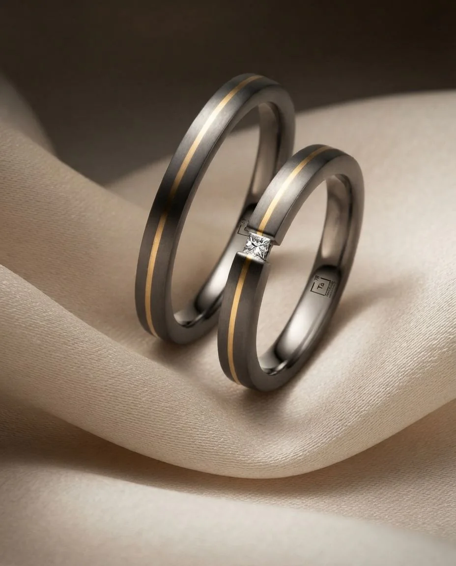 Eheringe Tantal Gold Prinzess Diamant TA69 & TA70 · drapiert