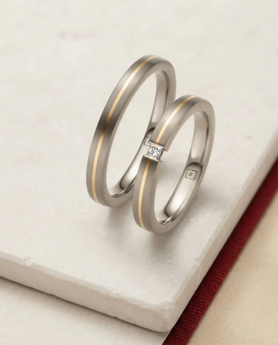 Eheringe Tantal Gold Prinzess Diamant TA69 & TA70 · drapiert