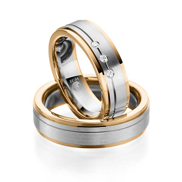 Paar Trauringe / Eheringe Roségold 585/- Platin 600/- zus. 0,060 ct, tw, si - RU-1050-13
