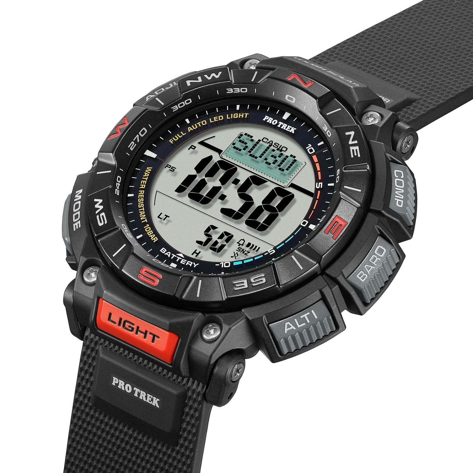 Die seitliche Nahaufnahme der PRO TREK Armbanduhr PRG-340-1 zeigt die Bedientasten "Alti", "Baro" und "Comp" rechts außen und die rote Taste "Light" vorn am Gehäuse.