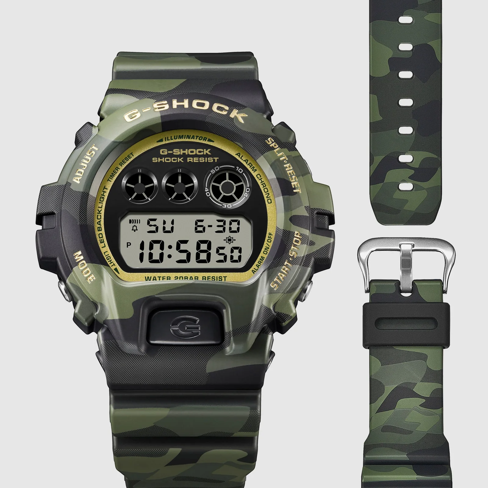 Auf dem Gehäuse und dem Armband der G-SHOCK DW-6900CMG-3ER ist ein Camouflage Muster in Grüntönen und Schwarz zu sehen