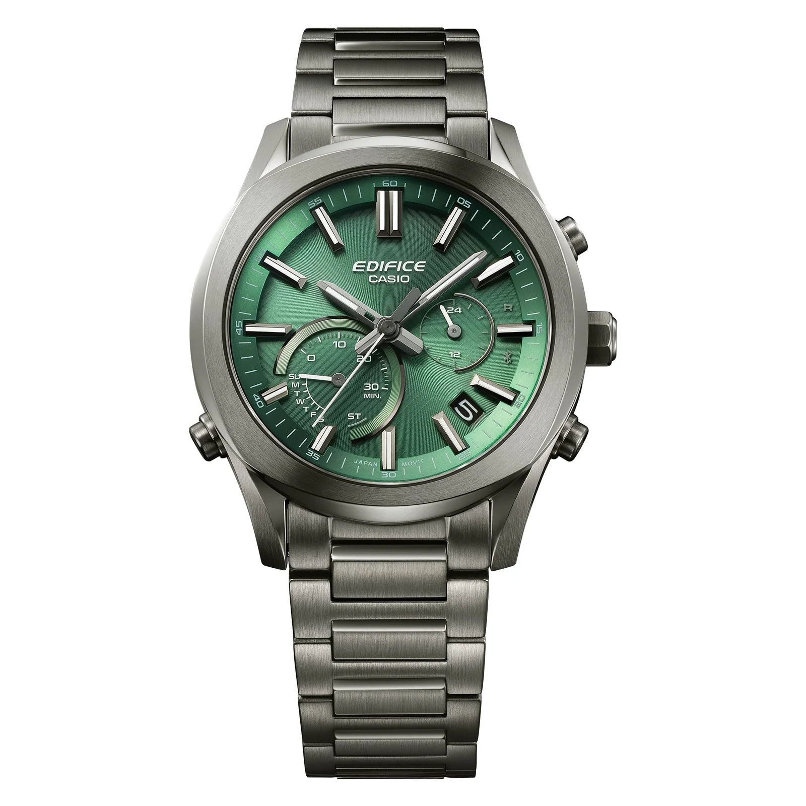 Frontansicht der analogen Armbanduhr EQB-1300DC-3AEF von EDIFICE mit Tagesanzeige zwischen der 4- und 5-Uhr-Position