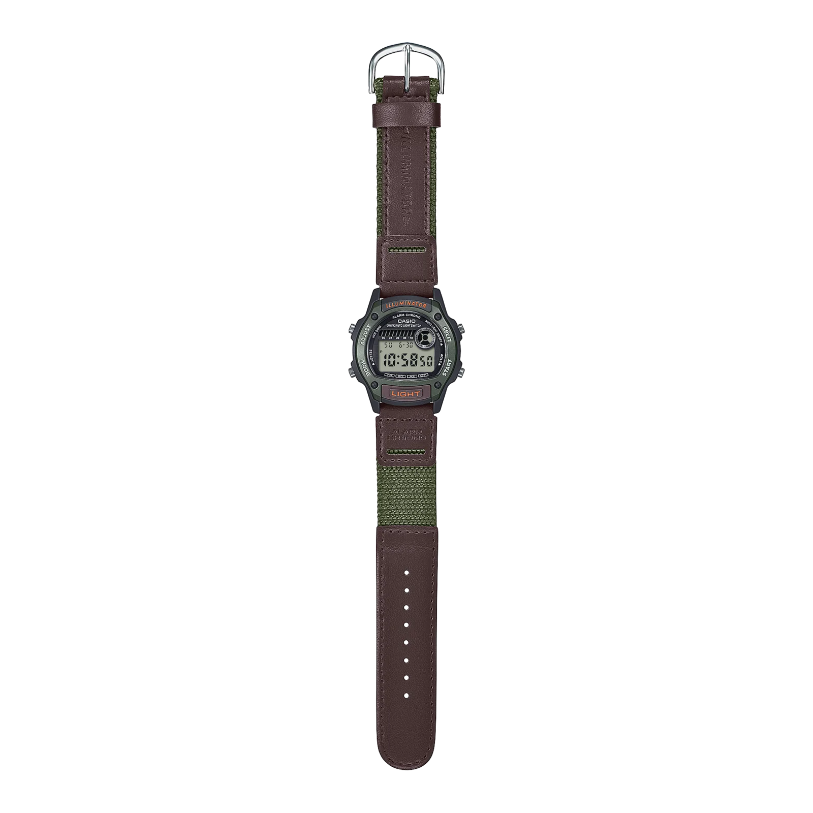 Gesamtansicht der W-220HF-3AVEF. Das Armband besteht aus einem grünen Stoff-Teil und einem braunen Leder-Teil