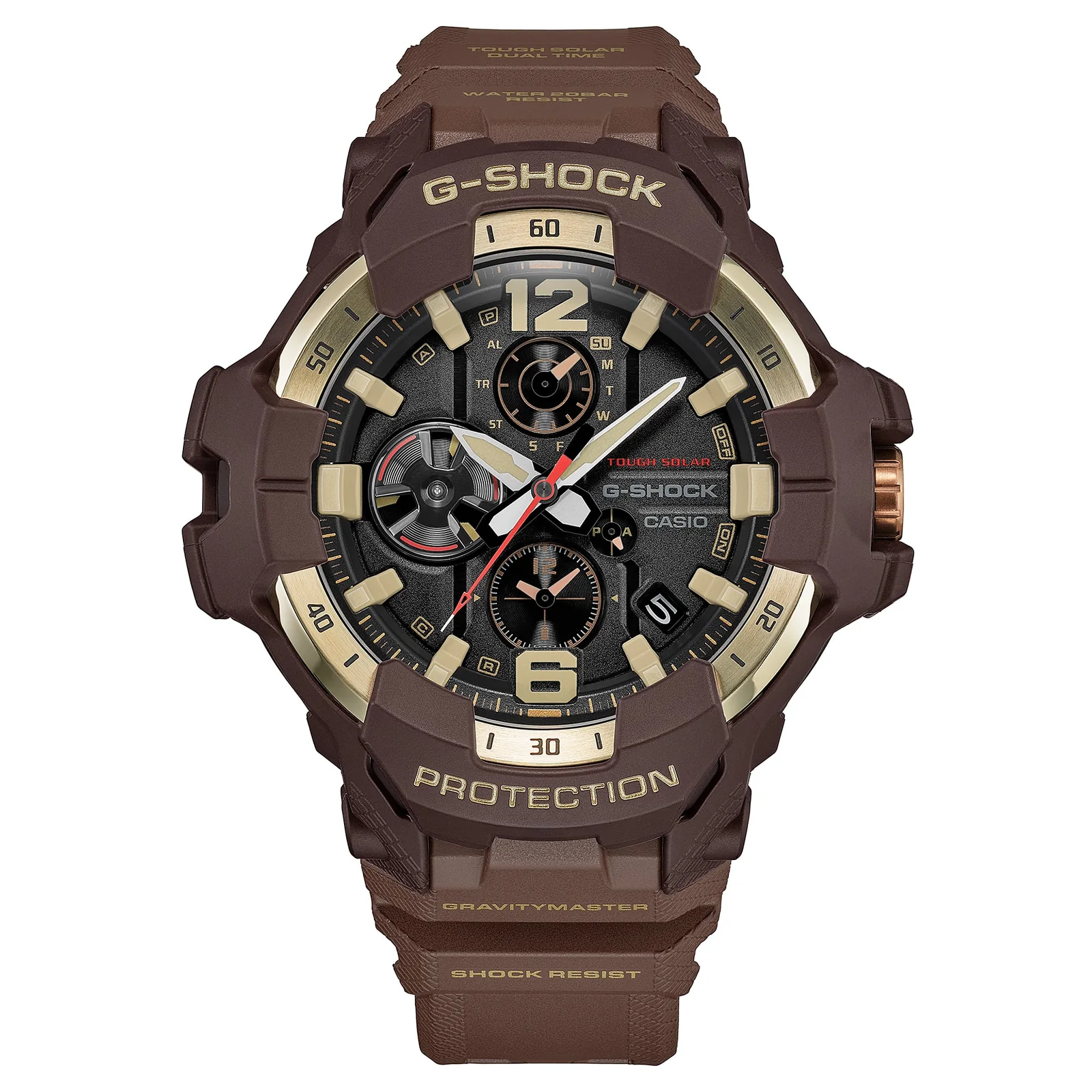 Das Zifferblatt der G-SHOCK Armbanduhr GR-B300H-5AER ist mit einem goldenen Lünettenring eingefasst