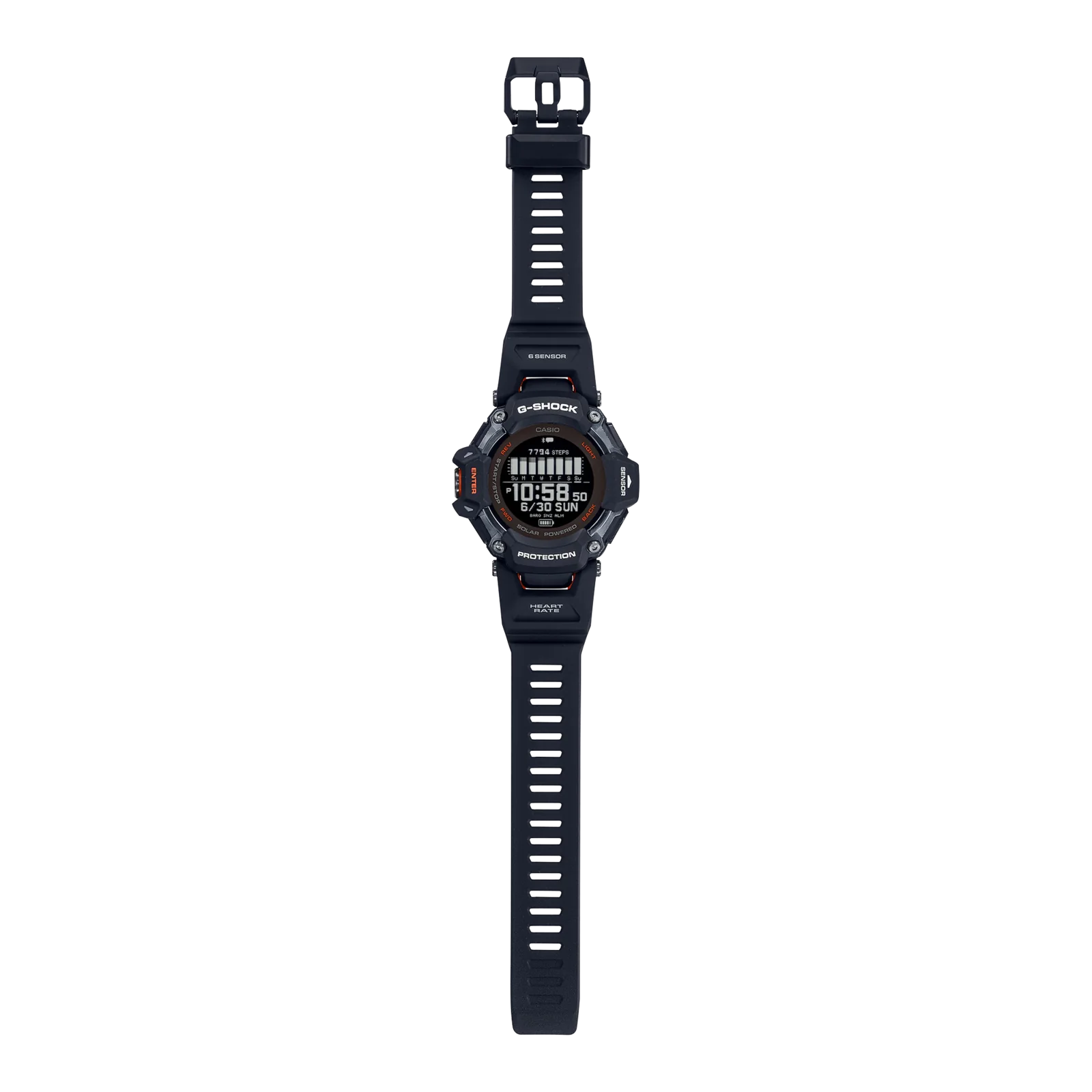Komplettansicht der flach liegenden G-SHOCK Armbanduhr GBD-H2000-1A.