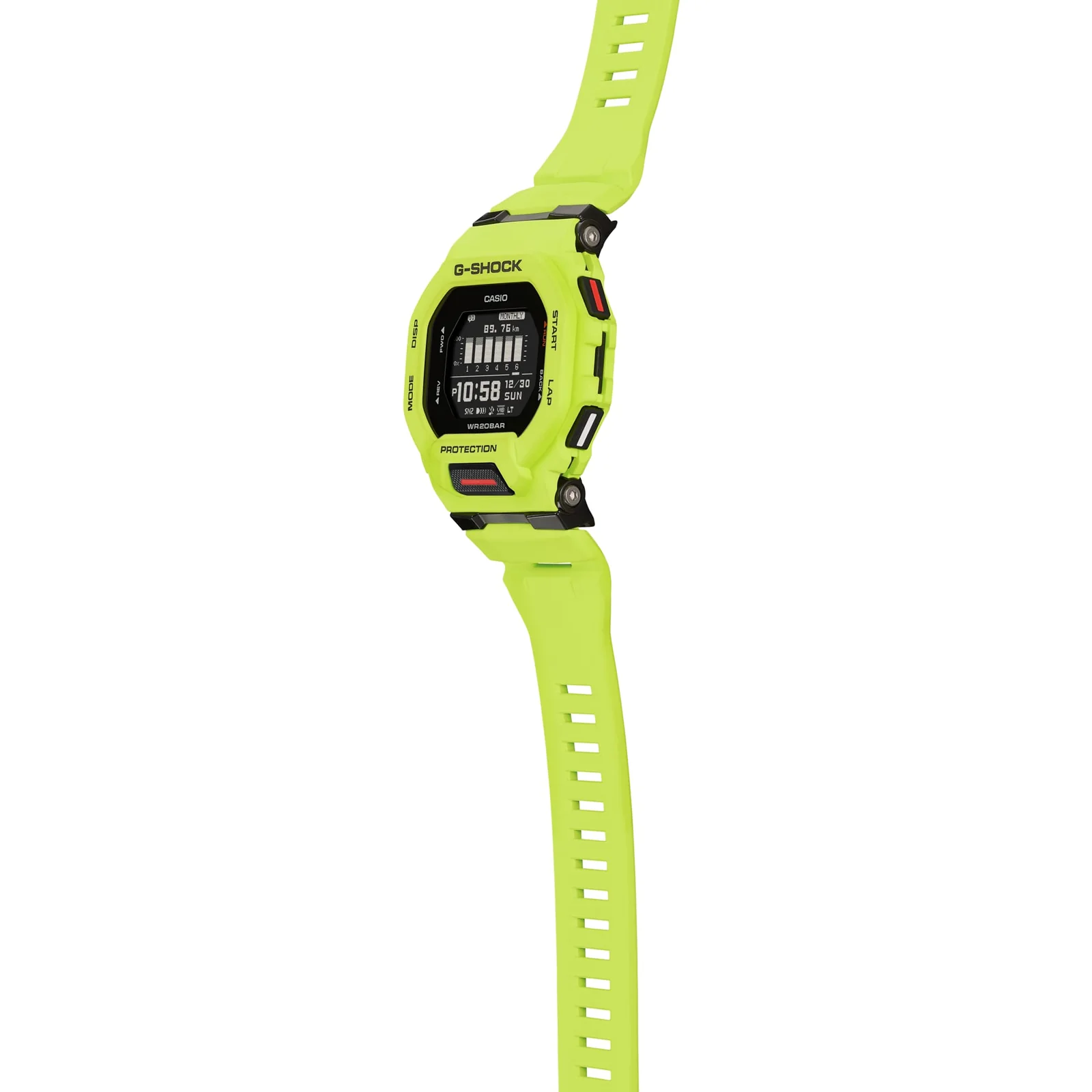 Die seitliche Ansicht der G-SHOCK Armbanduhr GBD-200-9 zeigt die Bedienknöpfe in Rot und Weiß rechts außen am Gehäuse.