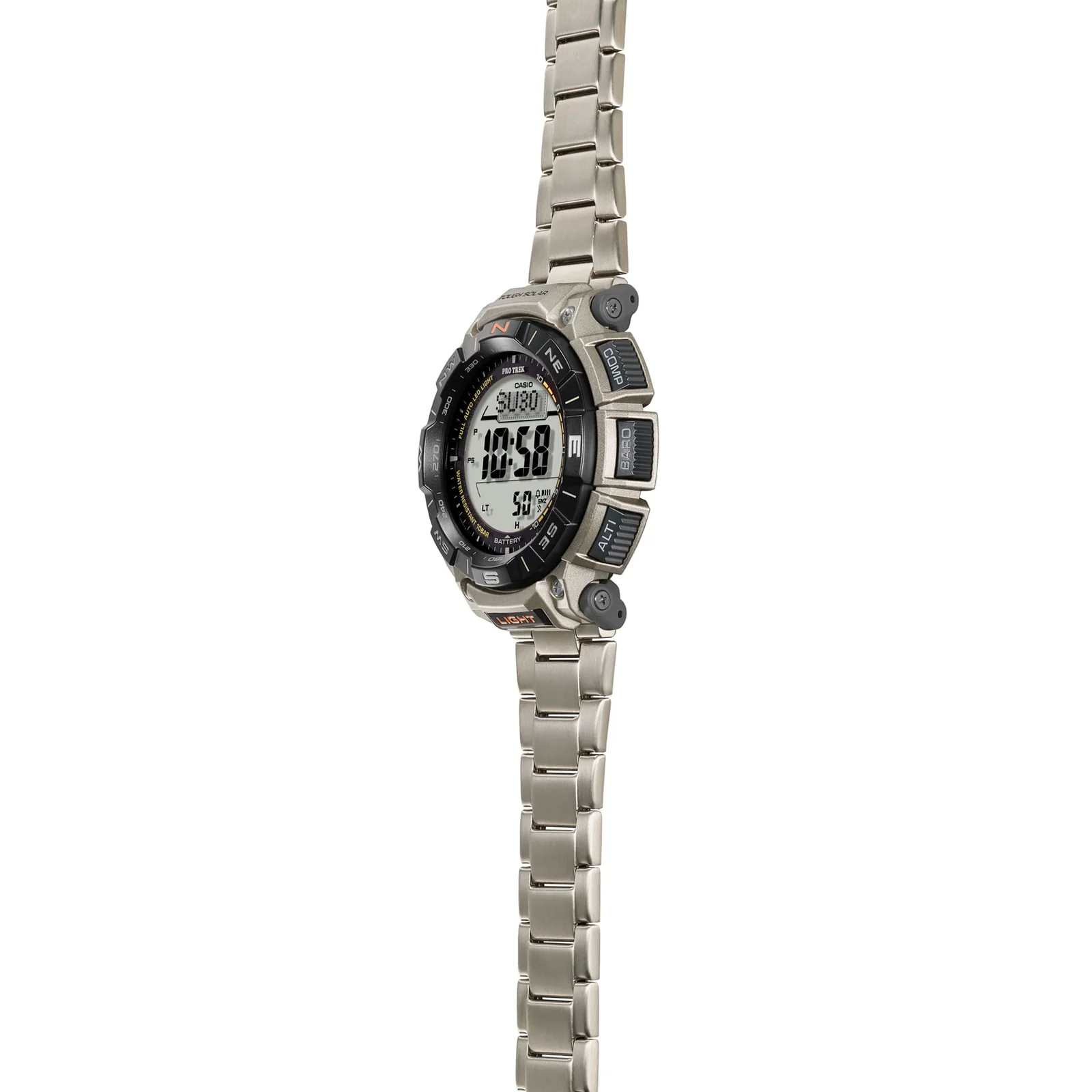 Die seitliche Ansicht der PRO TREK Armbanduhr PRG-340T-7 zeigt die Bedientasten "Alti", "Bari" und "Comp" rechts außen am Gehäuse und dessen schlankes Profil.