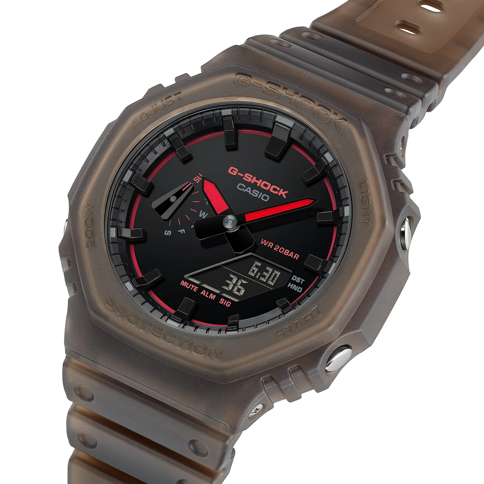 Schräg seitliche Ansicht der GA-2100K-5AER mit analog-digitalem Zifferblatt