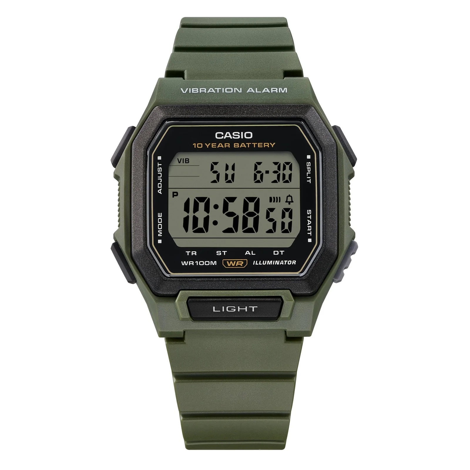 Frontansicht der digitalen Armbanduhr W-738H-3AVEF mit schwarzem Zifferblatt und großem, digitalem Display