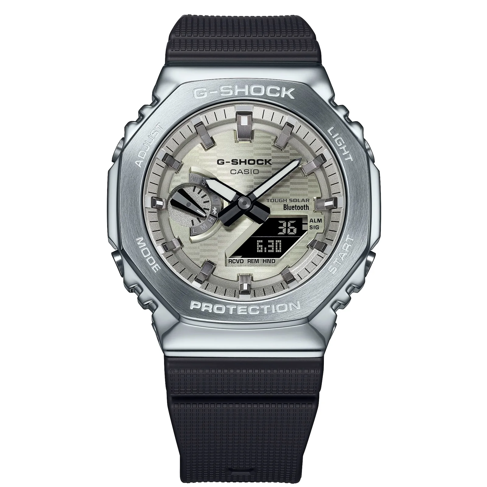 Frontansicht der GBM-2100A-8BER mit silbernem Gehäuse, schwarzem Armband und hellgoldenem Zifferblatt