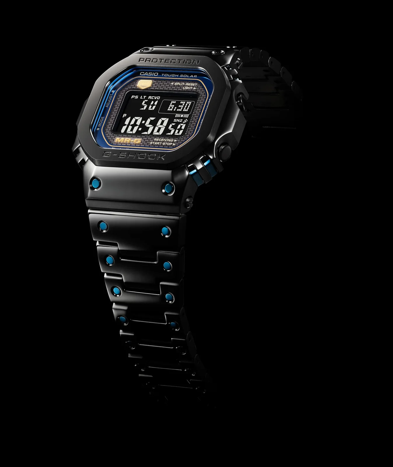 Seitliche Ansicht der MRG-B5000BA-1 vor dunklem Hintergrund. Die Befestigungspunkte der einzelnen Glieder des Armbandes sind Blau hervorgehoben