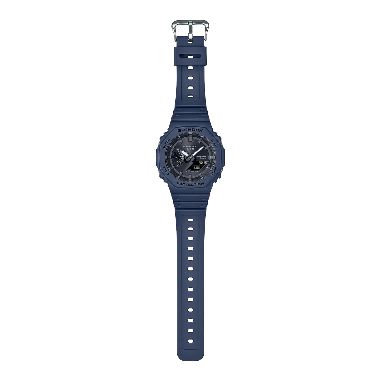 Komplettansicht der flach liegenden G-SHOCK Armbanduhr GA-B2100-2A.