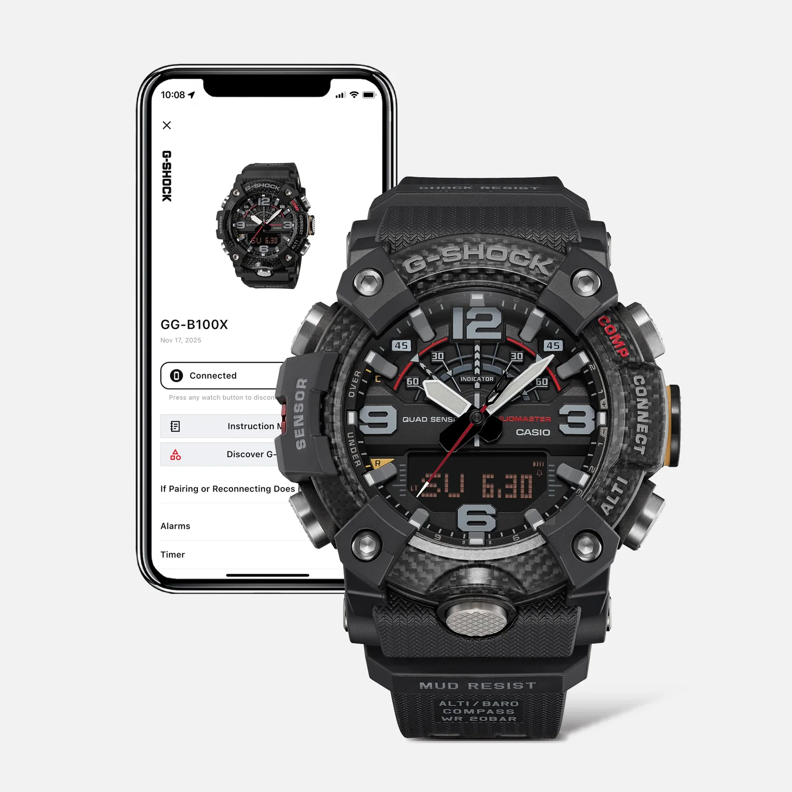 Frontansicht der GG-B100X-1AER, welche vor einem Smartphone platzier ist, auf dessen Display ebenfalls die GG-B100X-1AER zu sehen ist