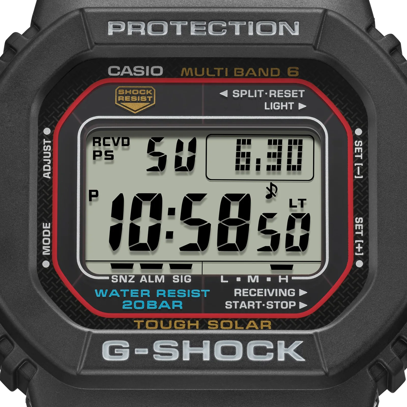 Nahaufnahme des digitalen Zifferblatts der G-SHOCK Armbanduhr GW-M5610U-1 in Schwarz mit rotem Rand und Akzenten in Weiß, Gelb und Blau,.