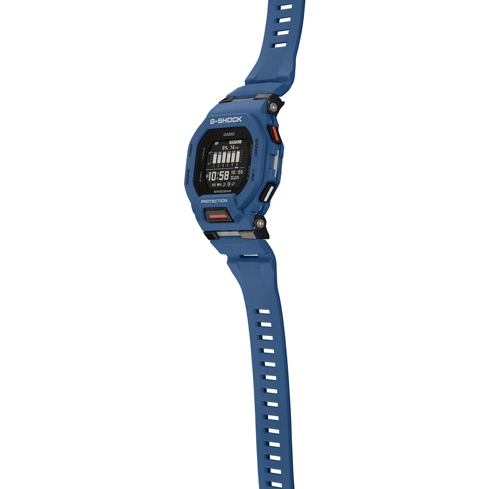 Die seitliche Ansicht der G-SHOCK Armbanduhr GBD-200-2 zeigt die Bedientasten in Weiß und Rot außen am Gehäuse.