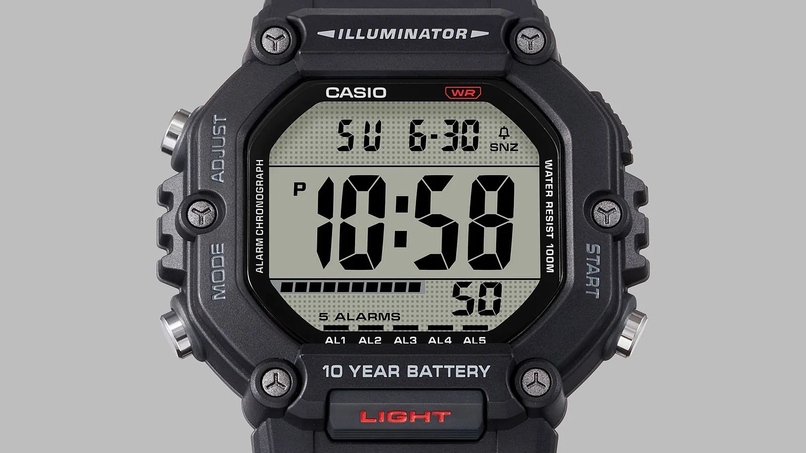 Close-Up auf die Digitalanzeige der AE-1600H-1AV-Armbanduhr mit schwarzem, robustem Gehäuse.
