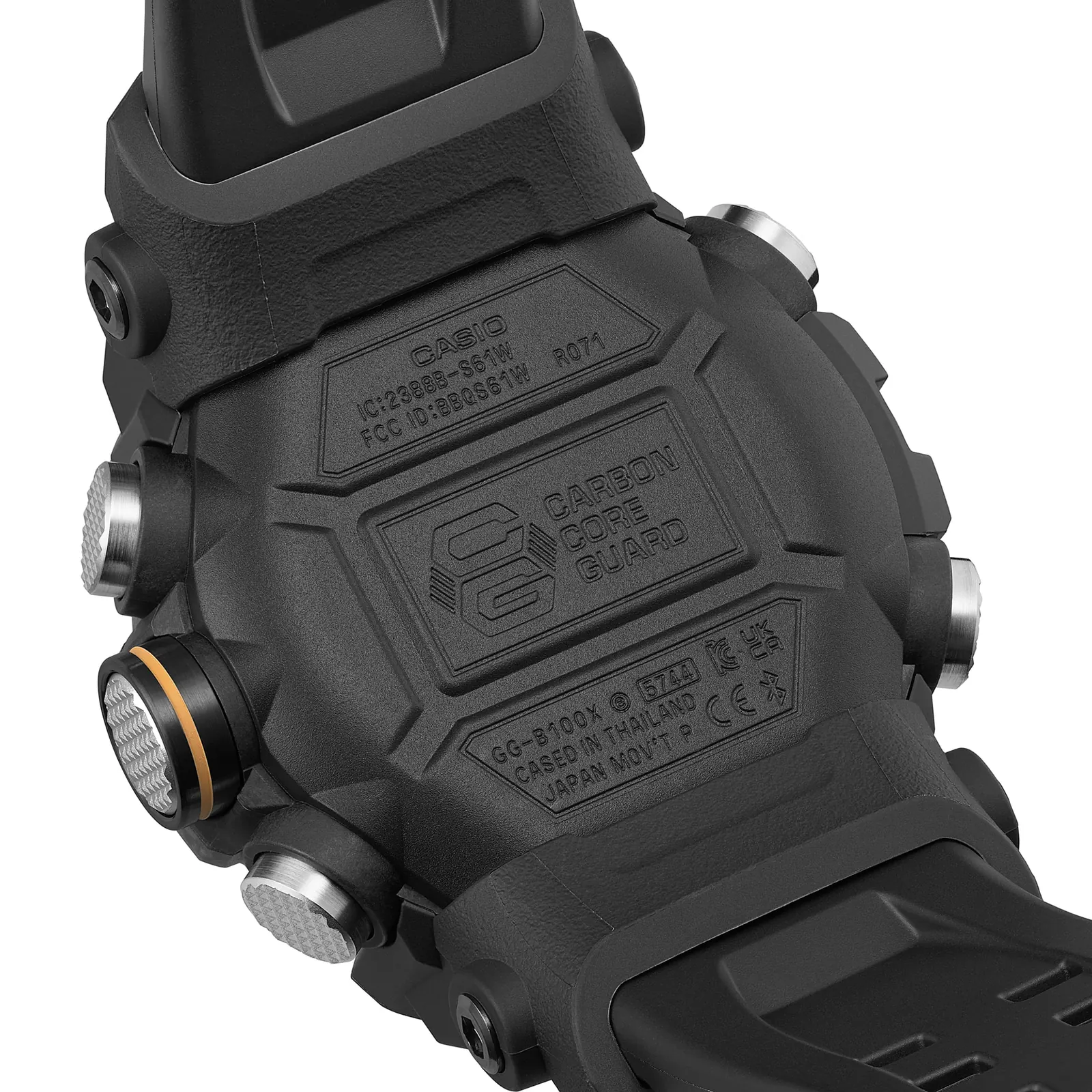 Schwarze Rückseite der GG-B100X-1AER mit eingraviertem Schriftzug CARBON CORE GUARD