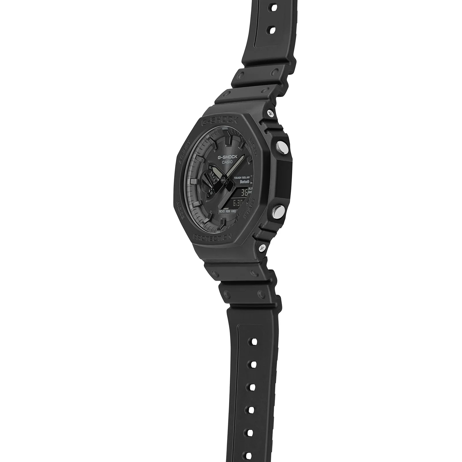 Die seitliche Ansicht der G-SHOCK Armbanduhr GA-B2100-1A1 zeigt die silberfarbenen Bedienknöpfe rechts außen am Gehäuse.
