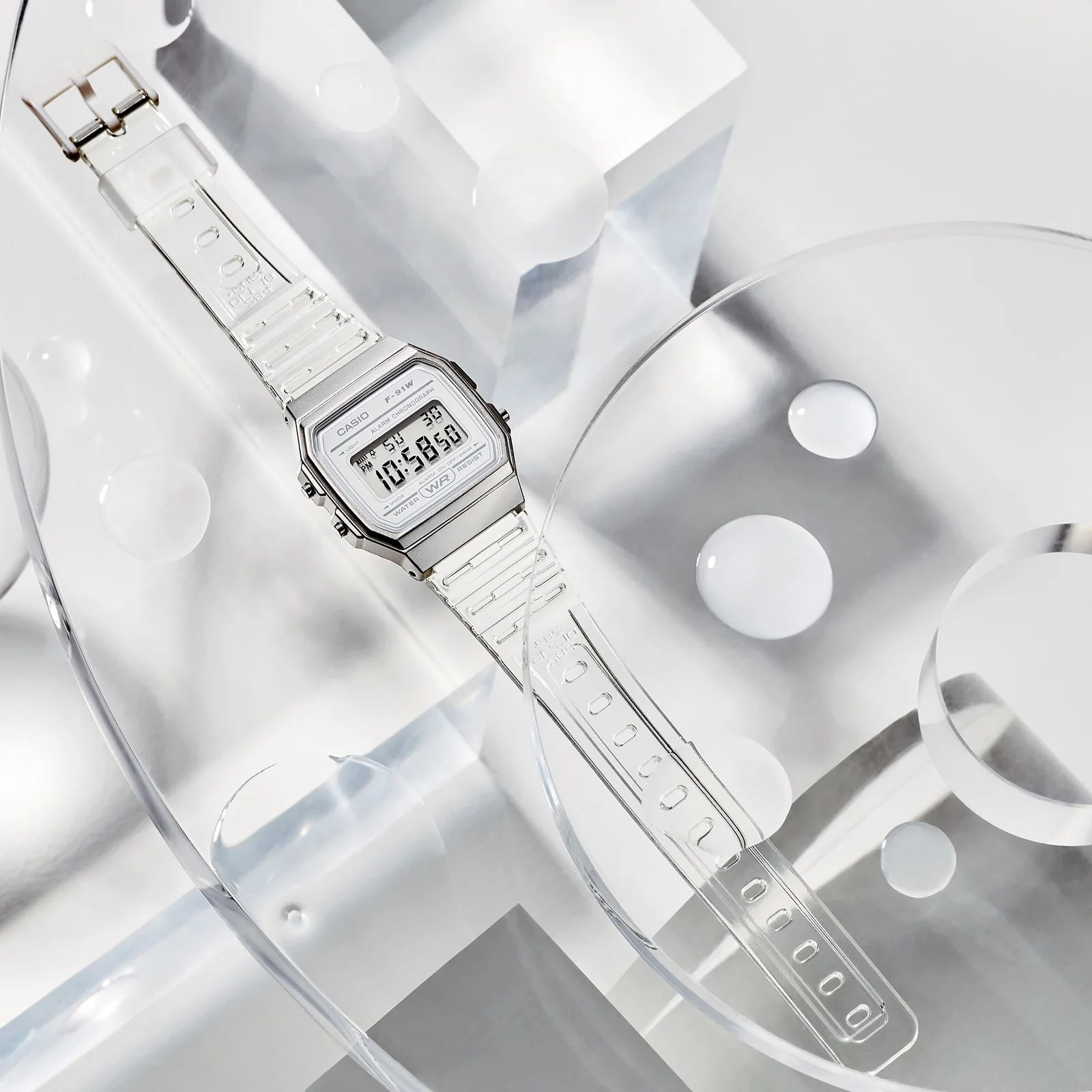 Komplettansicht der flach liegenden CASIO TIMELESS COLLECTION Armbanduhr F-91WS-7.