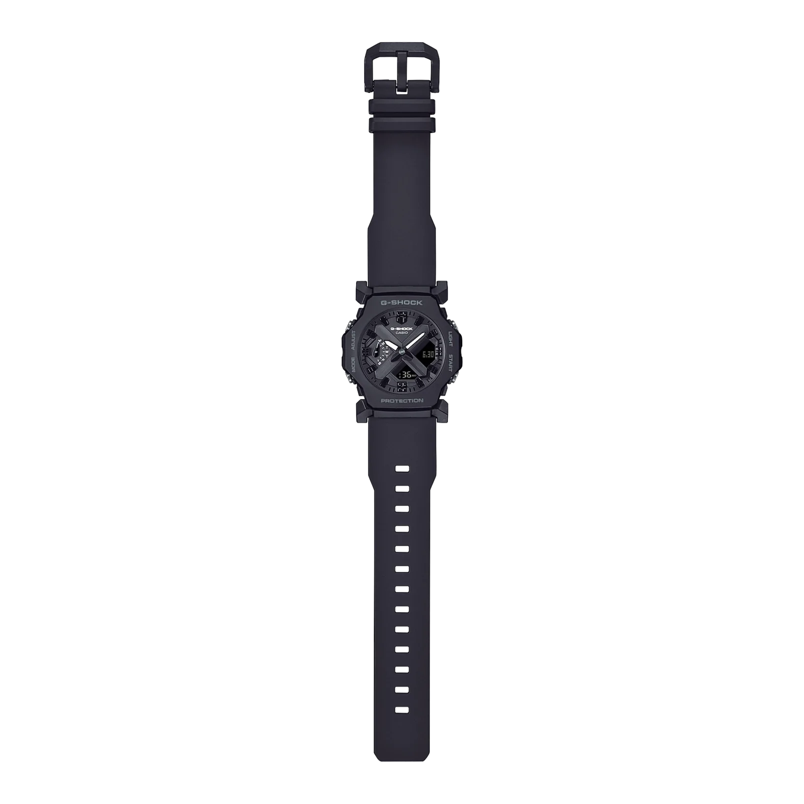 Komplettansicht der flach liegenden G-SHOCK Armbanduhr GA-2300-1A.