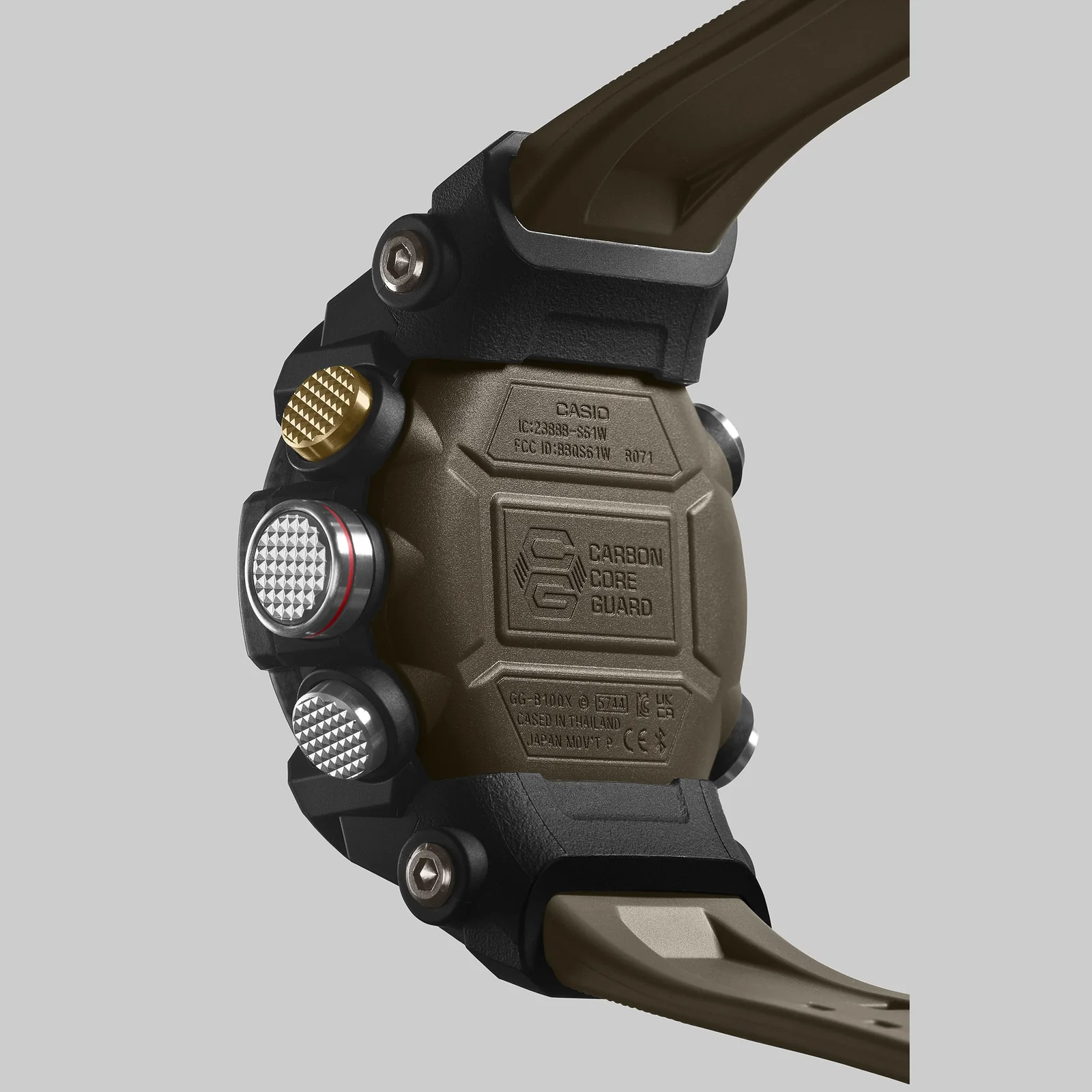 Olivgrüne Rückseite der GG-B100X-1A3ER mit eingraviertem Schriftzug CARBON CORE GUARD