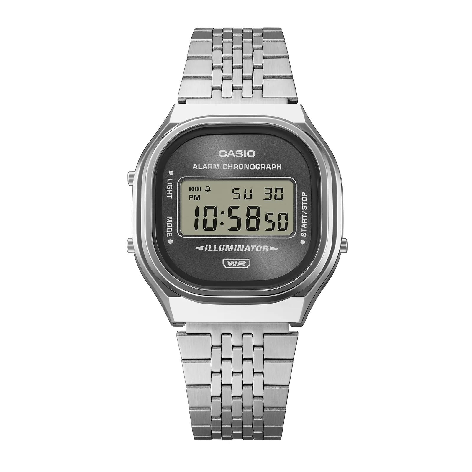 Frontansicht der digitalen Armbanduhr A140WE-8AEF der CASIO Vintage Collection mit dunkelgrauem Zifferblatt mit Sonnenschliff