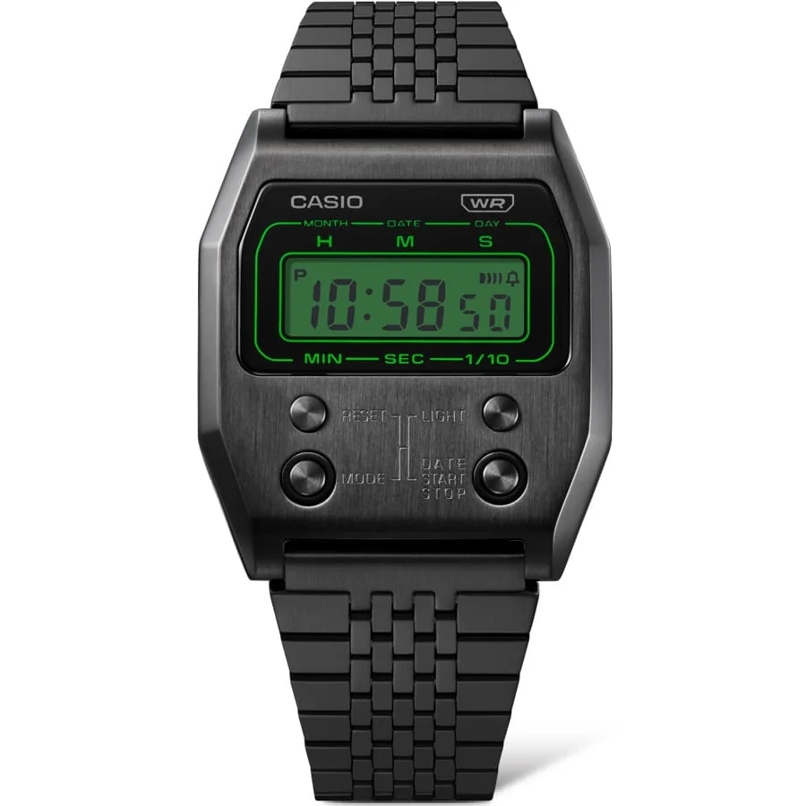 Die CASIO VINTAGE COLLECTION Armbanduhr A1100B-1 mit digitalem Zifferblatt in Grün und einem Armband aus Edelstahl in Schwarz.