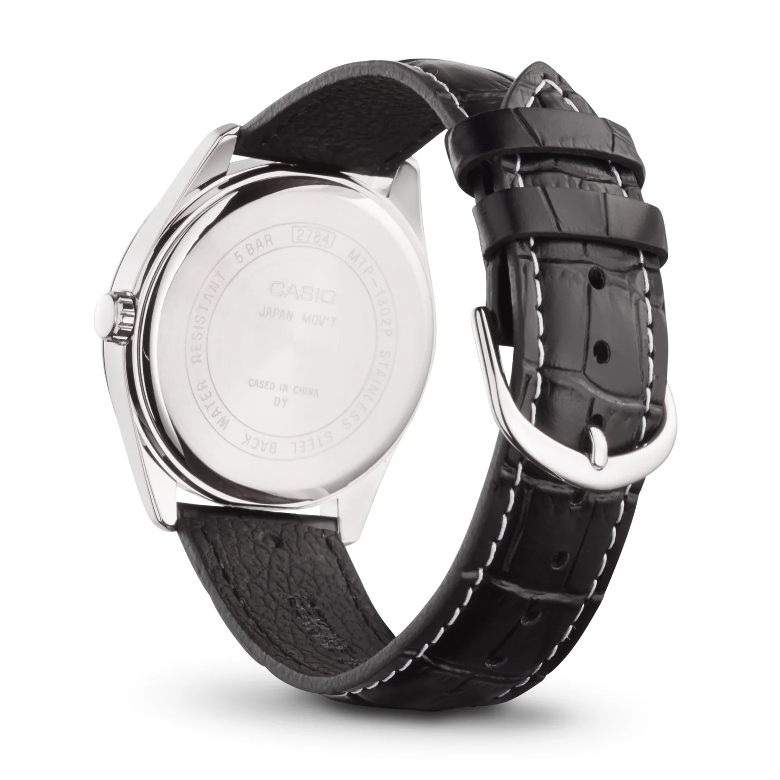 Rückansicht der CASIO TIMELESS COLLECTION Armbanduhr MTP-1302PL-7BV mit geschlossenem Armband und silberfarbenem Verschluss.