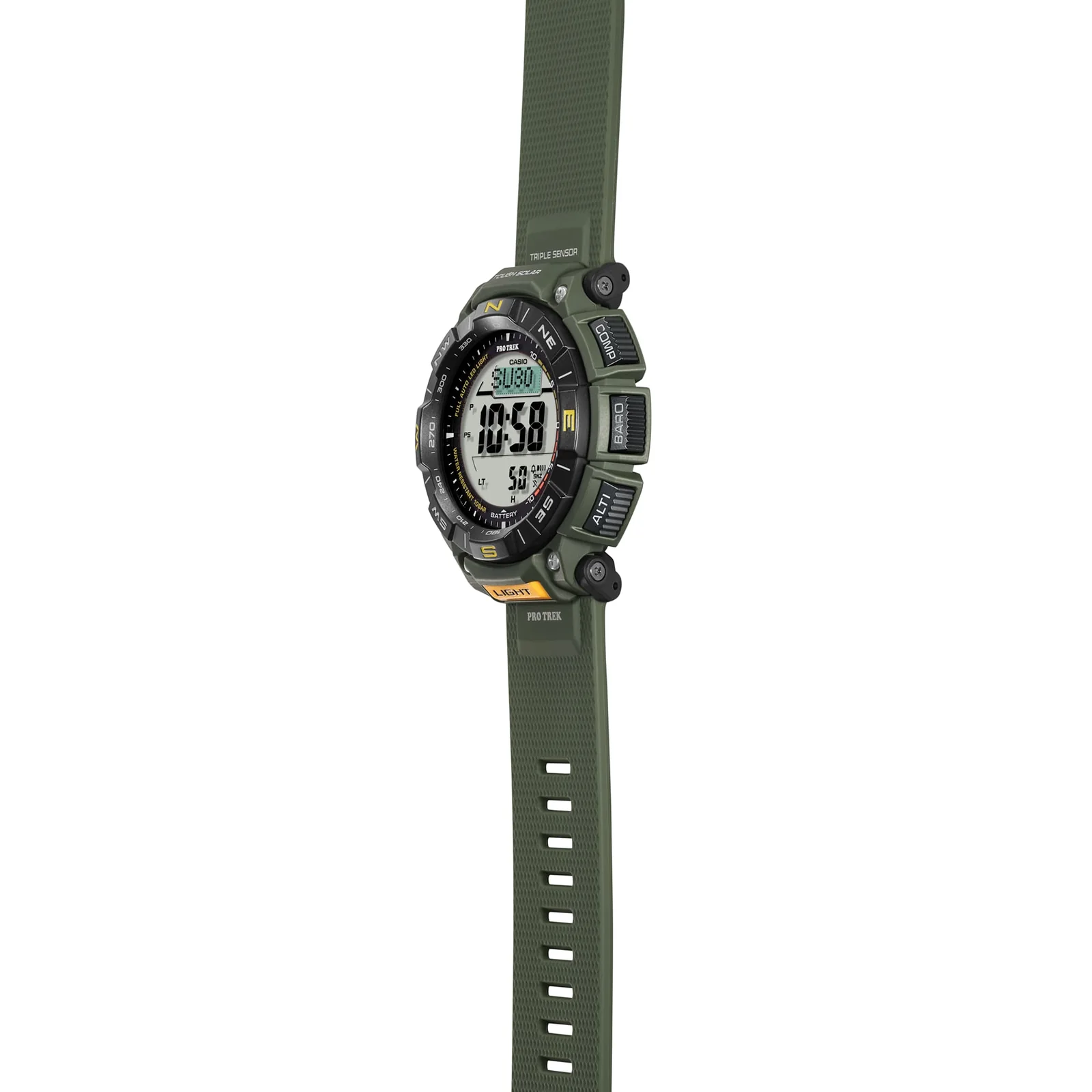 Die seitliche Ansicht der PRO TREK Armbanduhr PRG-340-3 zeigt die schwarzen Bedientasten rechts außen am Gehäuse.