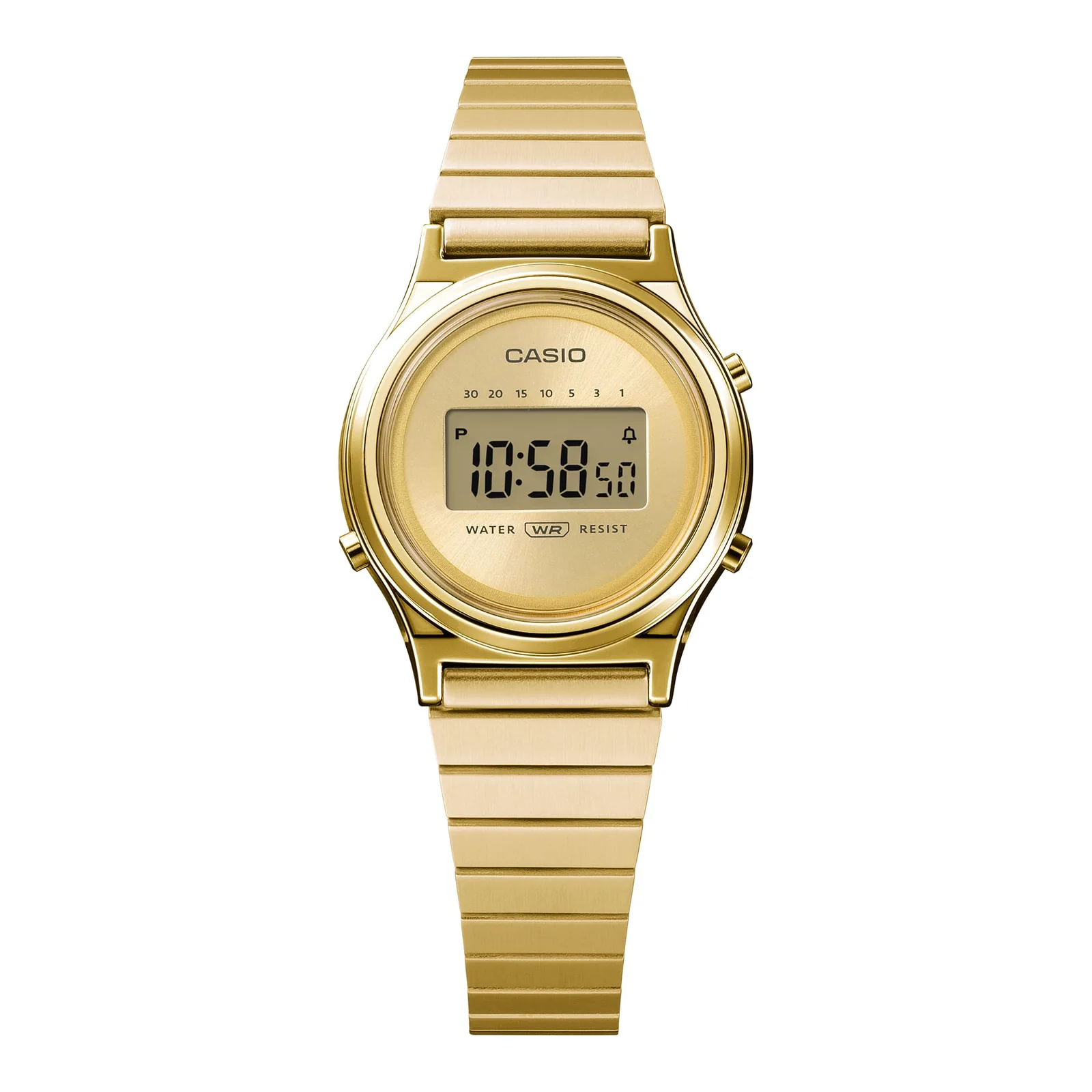 Gehäuse und Armband der CASIO VINTAGE COLLECTION Armbanduhr LA700WEG-9A direkt von vorn.