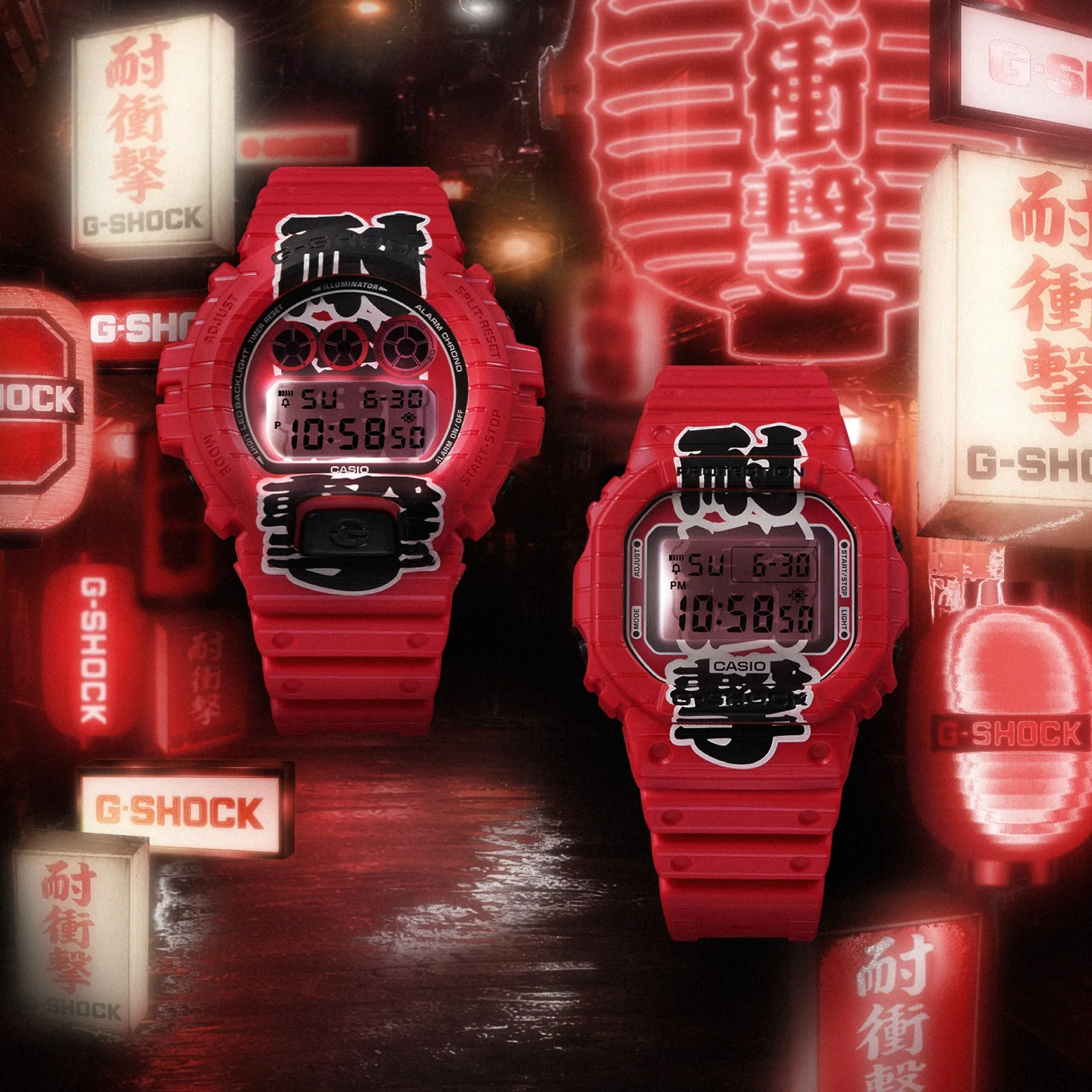 Die beiden Modelle DW-6900AKA-4 und DW-5600AKA-4 vor einem Hintergrund aus roten Papierlaternen und G-SHOCK Logos
