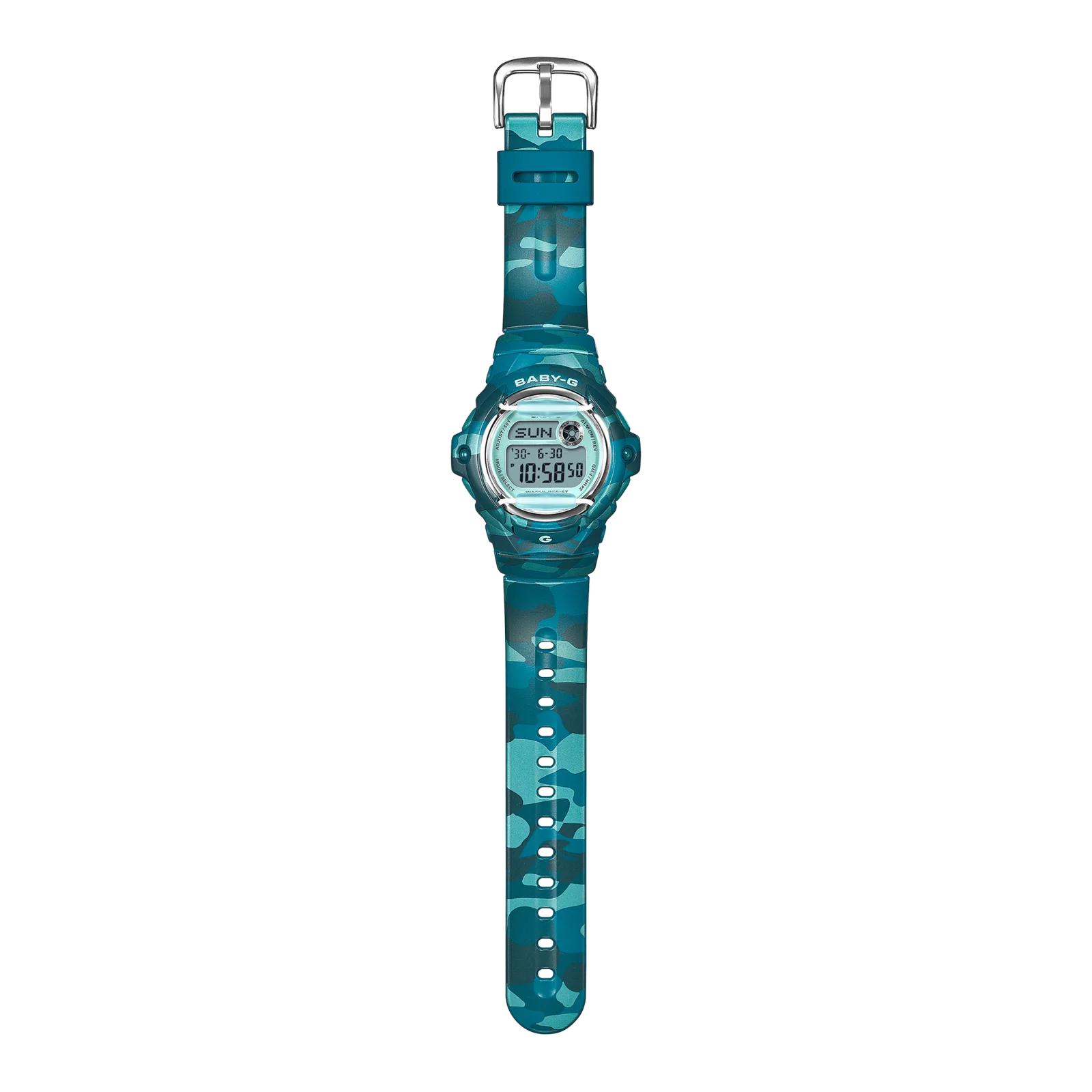 Das Camouflage Muster der Armbanduhr BG-169CM-2ER von BABY-G zieht sich über Armband und Gehäuse