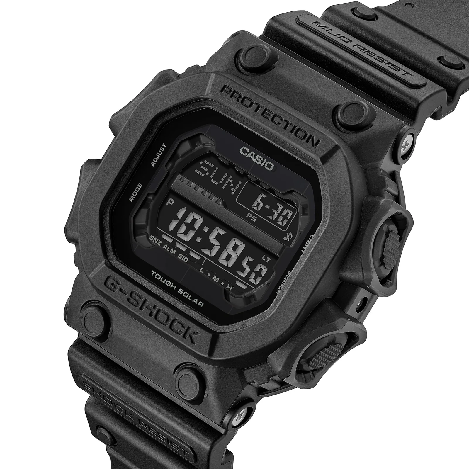 Die seitlichen Knöpfe der Armbanduhr GX-56UBB-1ER von G-SHOCK besitzen eine strukturierte Oberfläche und sind im Gehäuse eingelassen