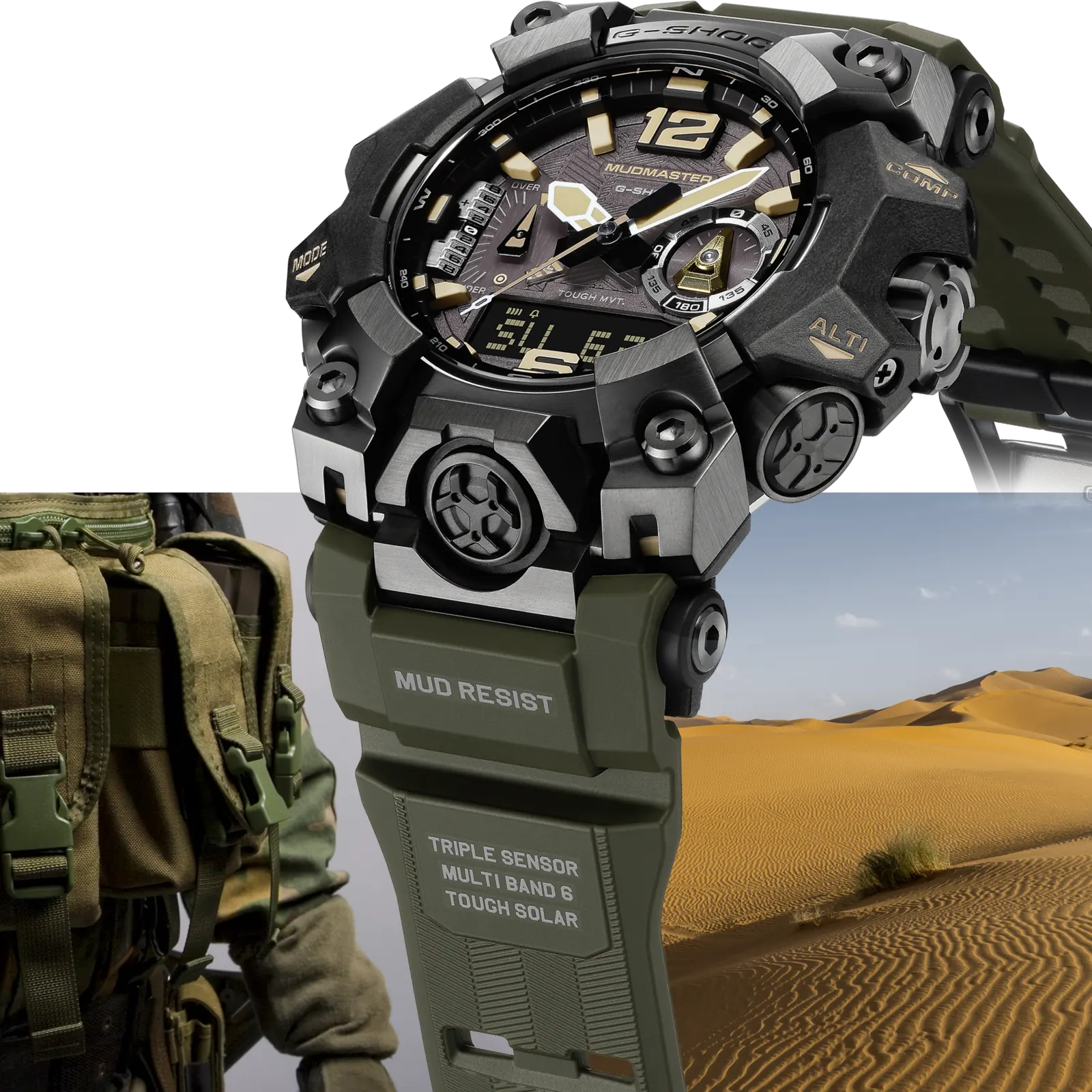 Auf dem unteren Teil des Armbandes der Armbanduhr GWG-B1000-1A3 sind mehrere MUDMASTER Eigenschaften aufgedruckt